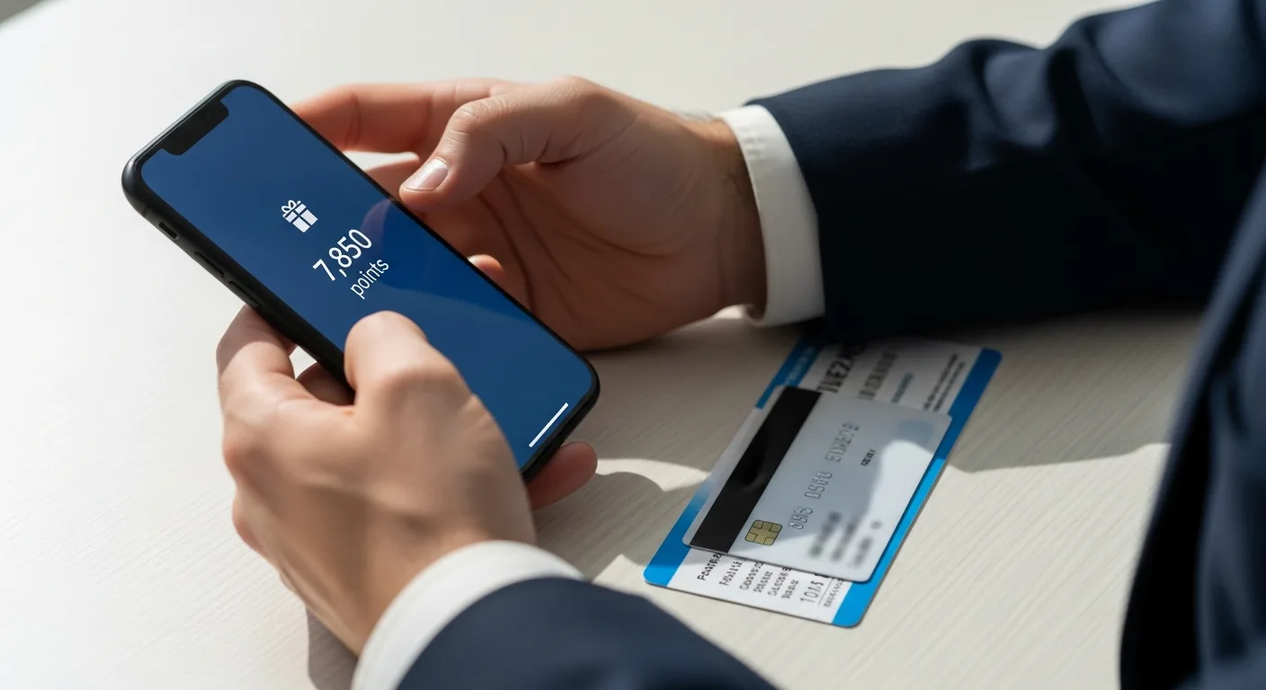 Male hands holding phone showing rewards points dashboard with credit card and plane ticket on desk