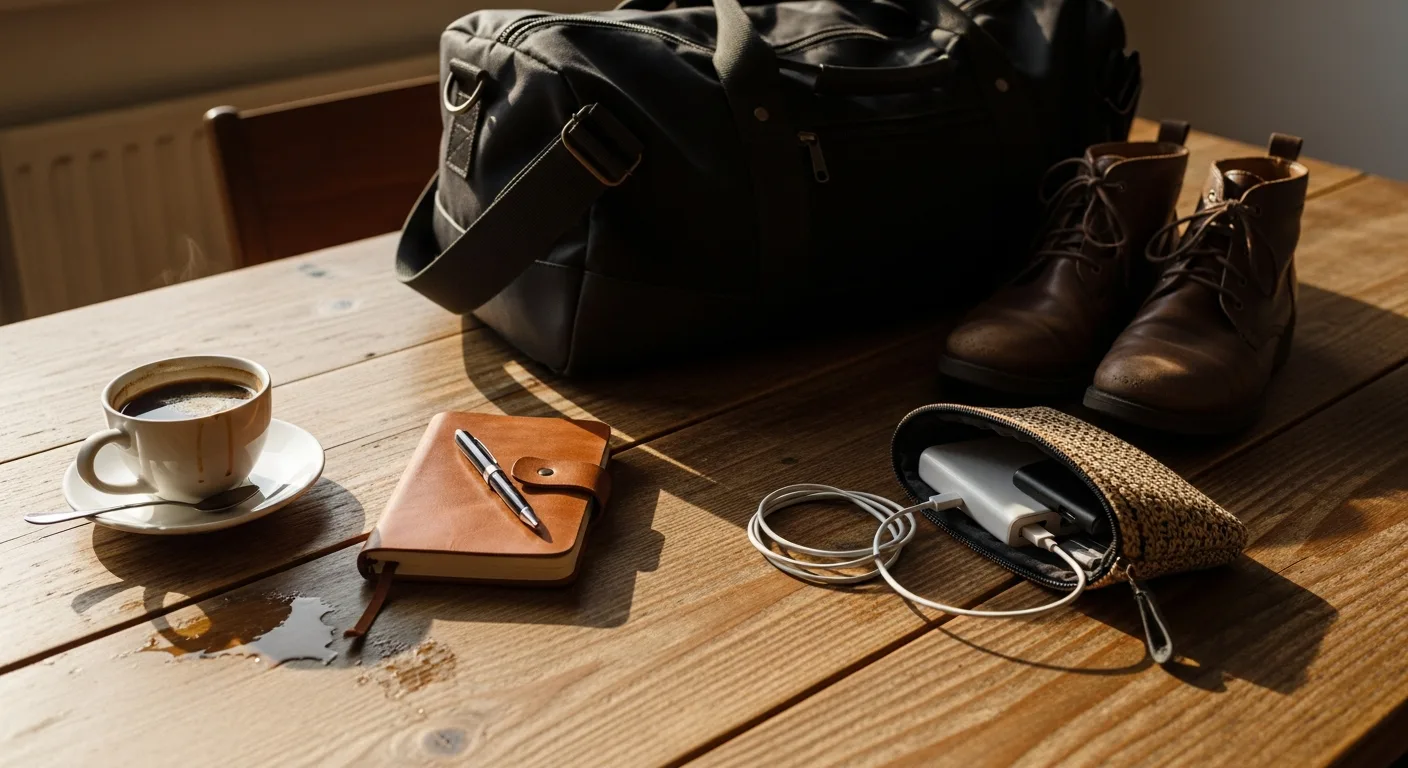 A packed travel bag and four boarding passes arranged on a wooden table with a credit card resting on top