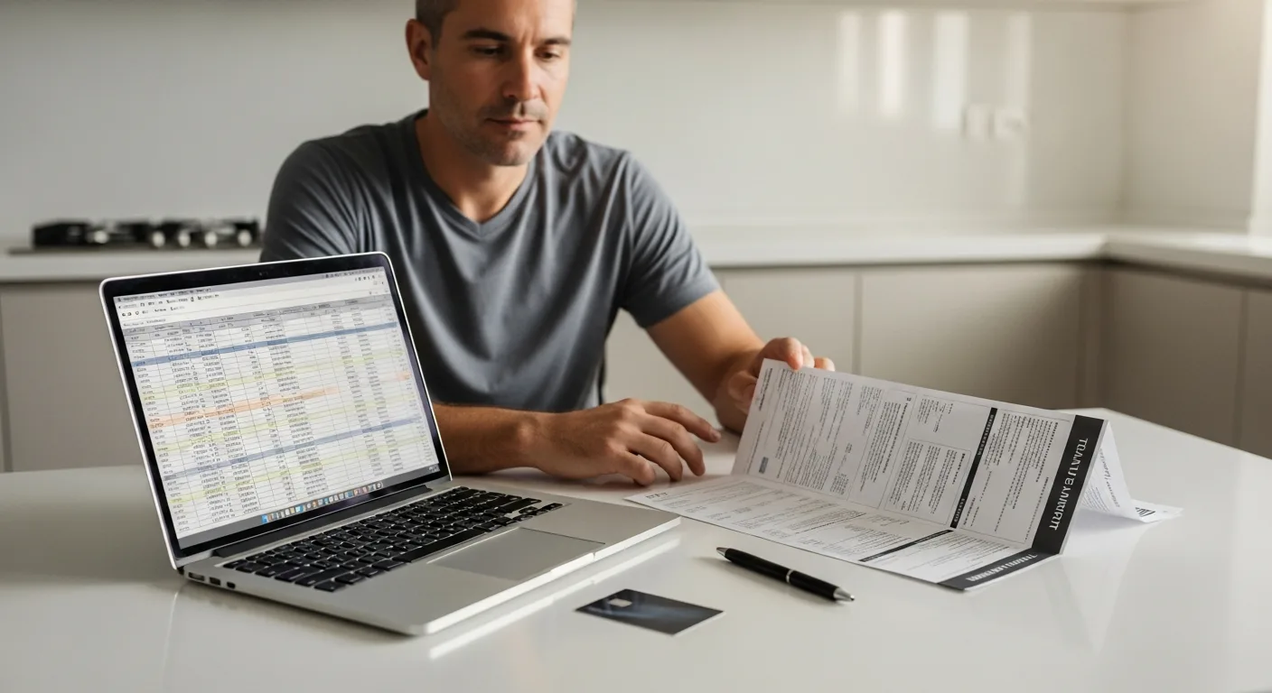 An adult man reviewing a travel itinerary and credit card statement side by side on a laptop