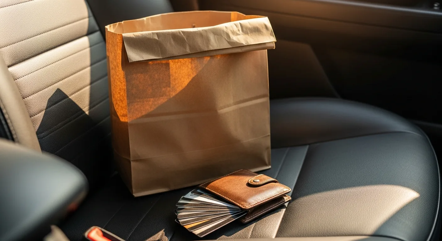A wallet with credit cards beside a Walmart grocery bag on a car seat