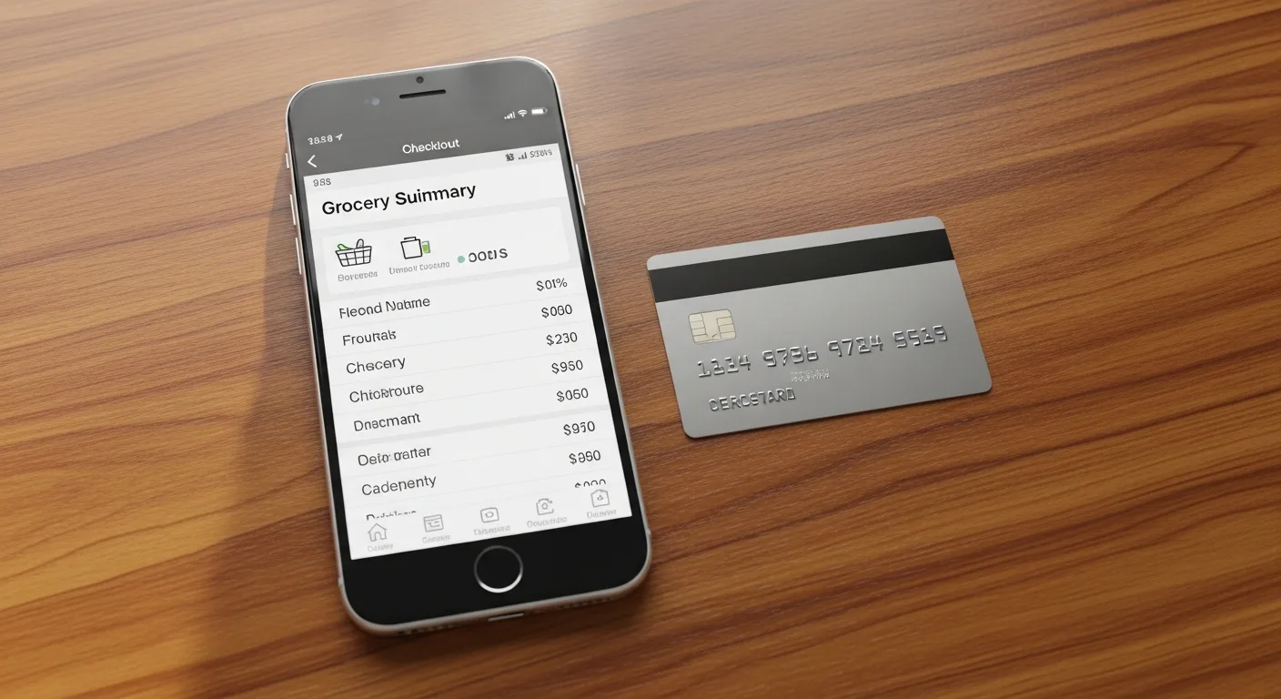 A smartphone displaying a grocery order summary on a shopping app beside a credit card on a desk