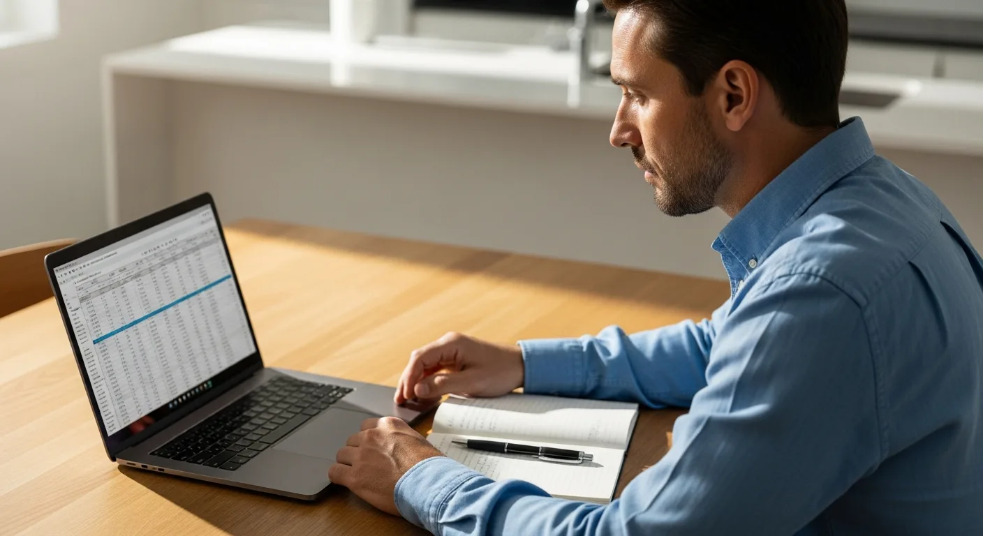 A man reviewing credit card statements on a laptop at a kitchen table with a notepad and pen