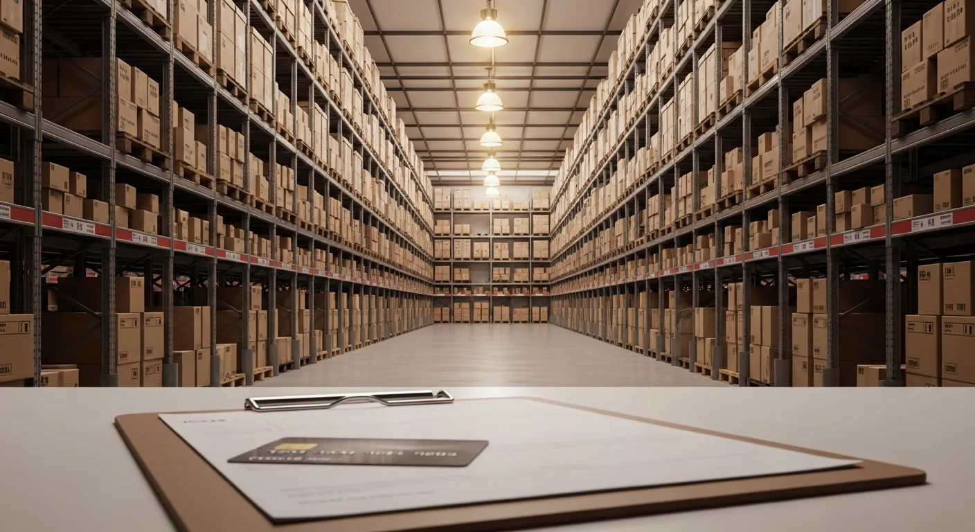Cardboard boxes stacked on warehouse shelves with a business credit card resting on a clipboard in the foreground