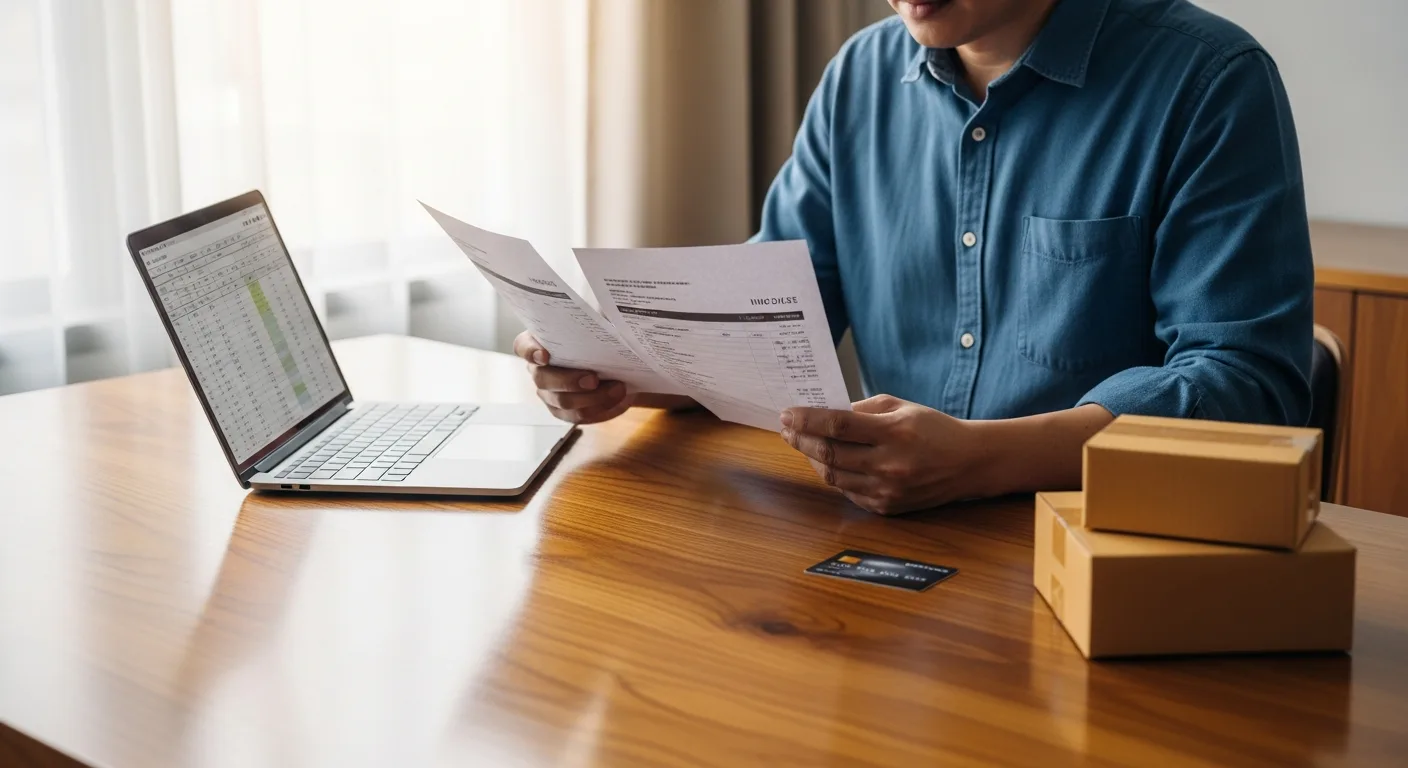 A businessman reviewing supplier invoices at a desk with a laptop and business credit card beside stacked product boxes
