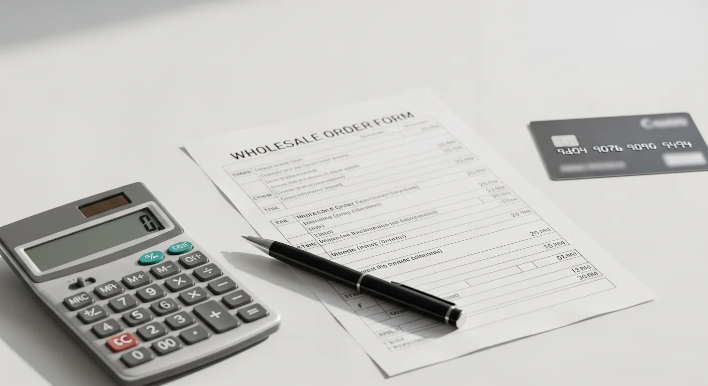 A calculator, business credit card, and wholesale order form on a clean desk surface