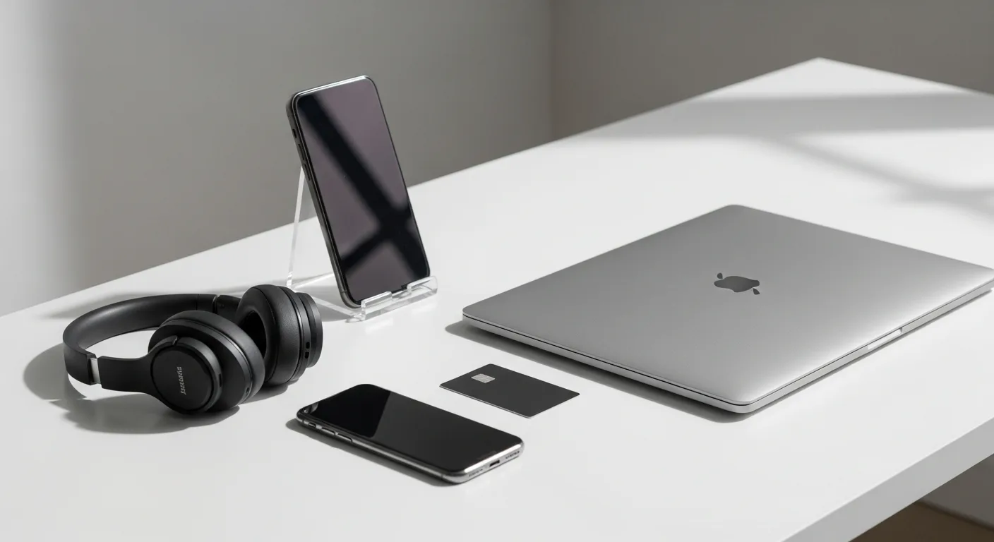 Laptop, smartphone, wireless headphones, and a credit card arranged on a clean white desk