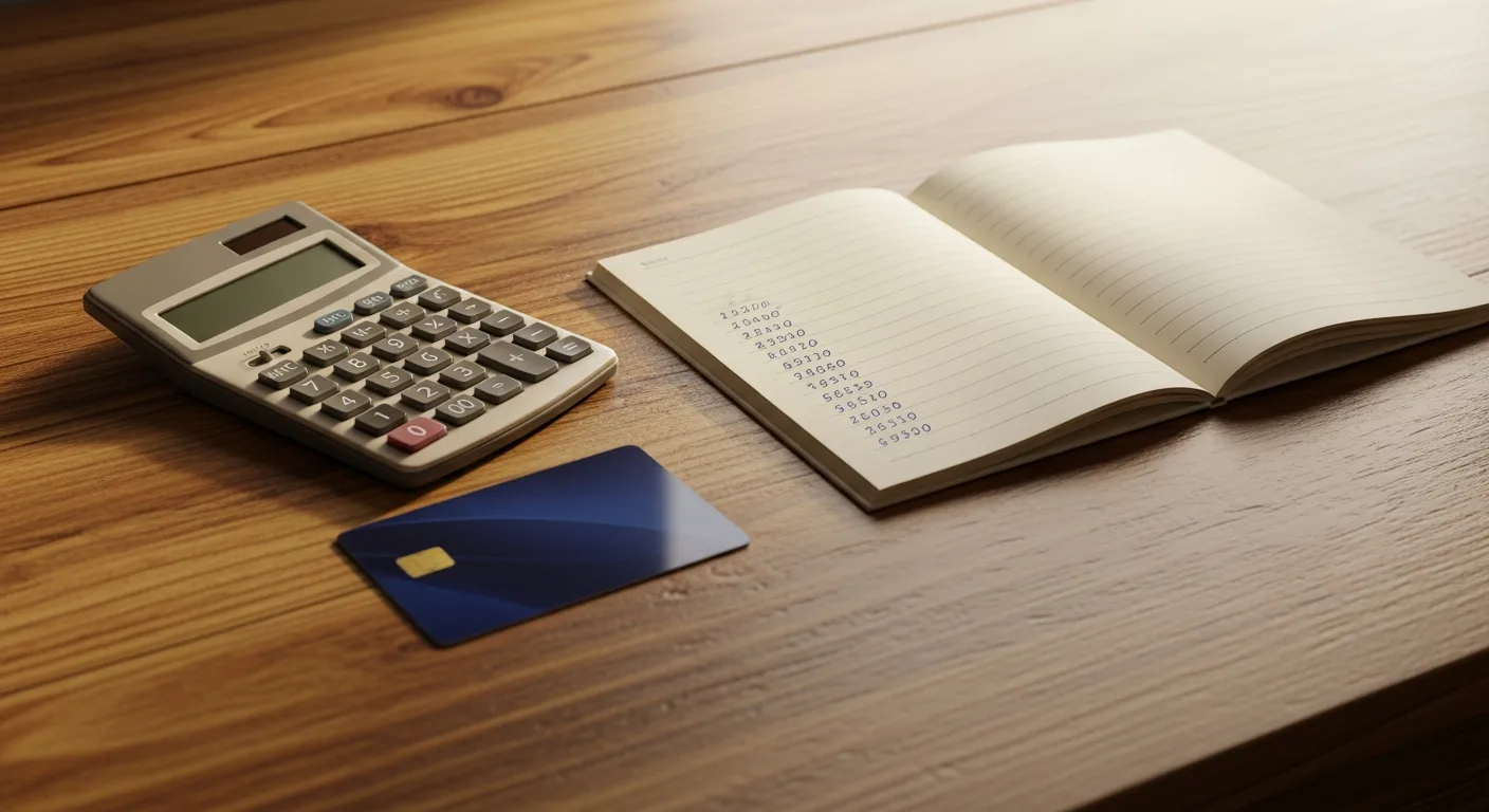Calculator and notepad beside a credit card on a wooden desk, used for calculating cash back rewards