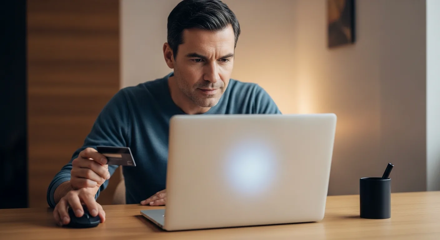 Adult man reviewing credit card statements on a laptop in a modern home office
