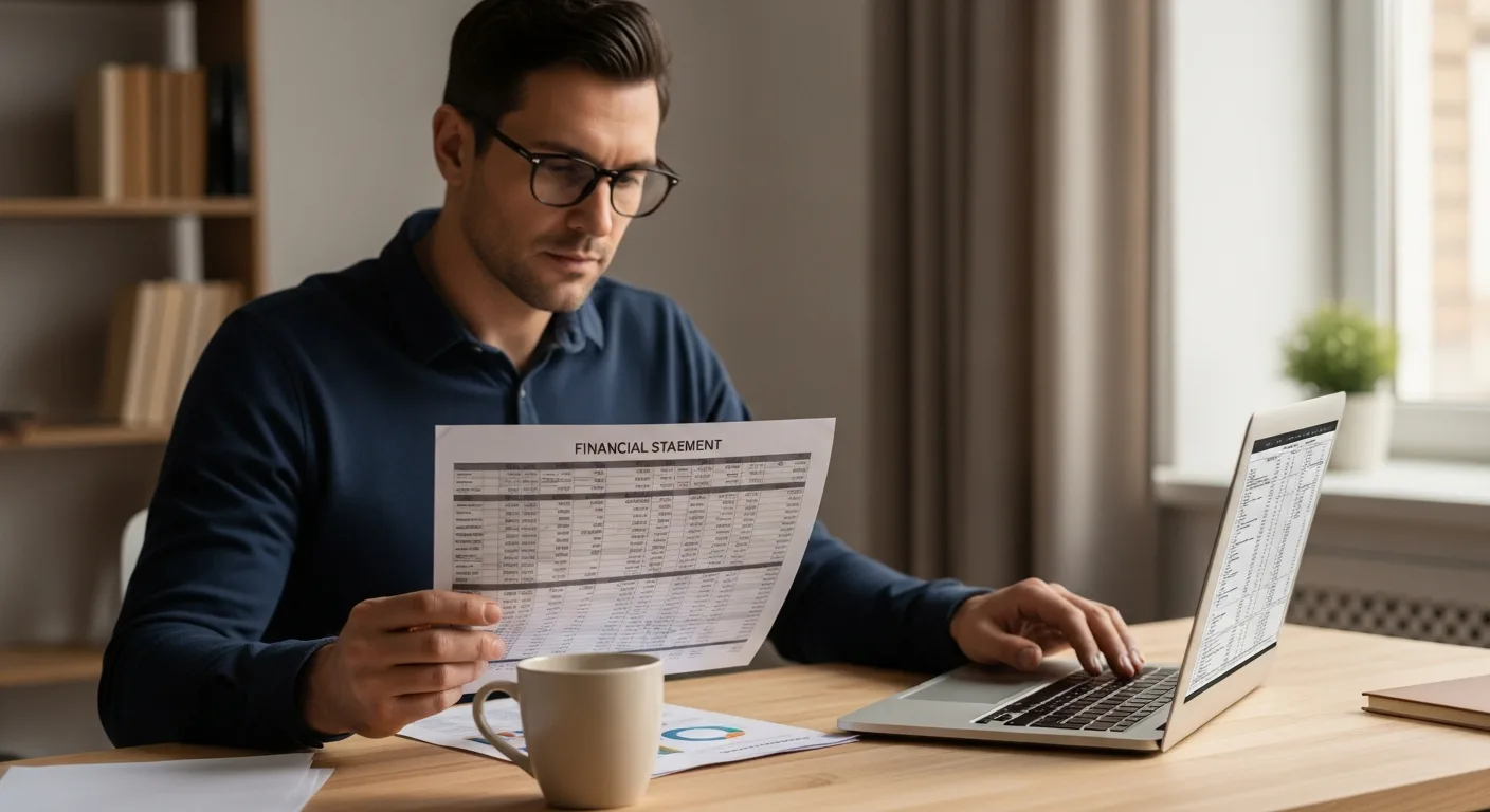 An adult man reviewing financial documents at a home office desk with a laptop
