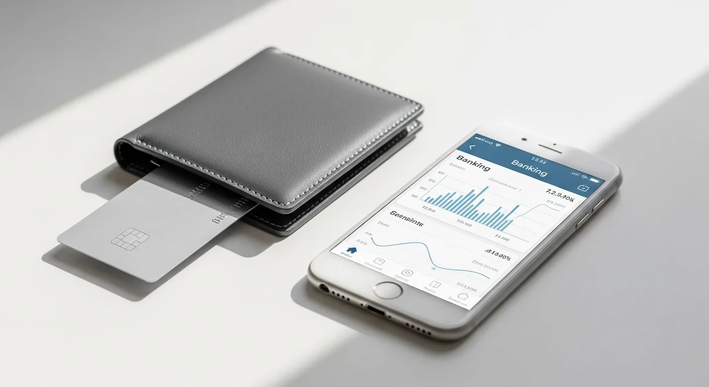 A wallet, a credit card, and a smartphone showing a banking app on a clean desk