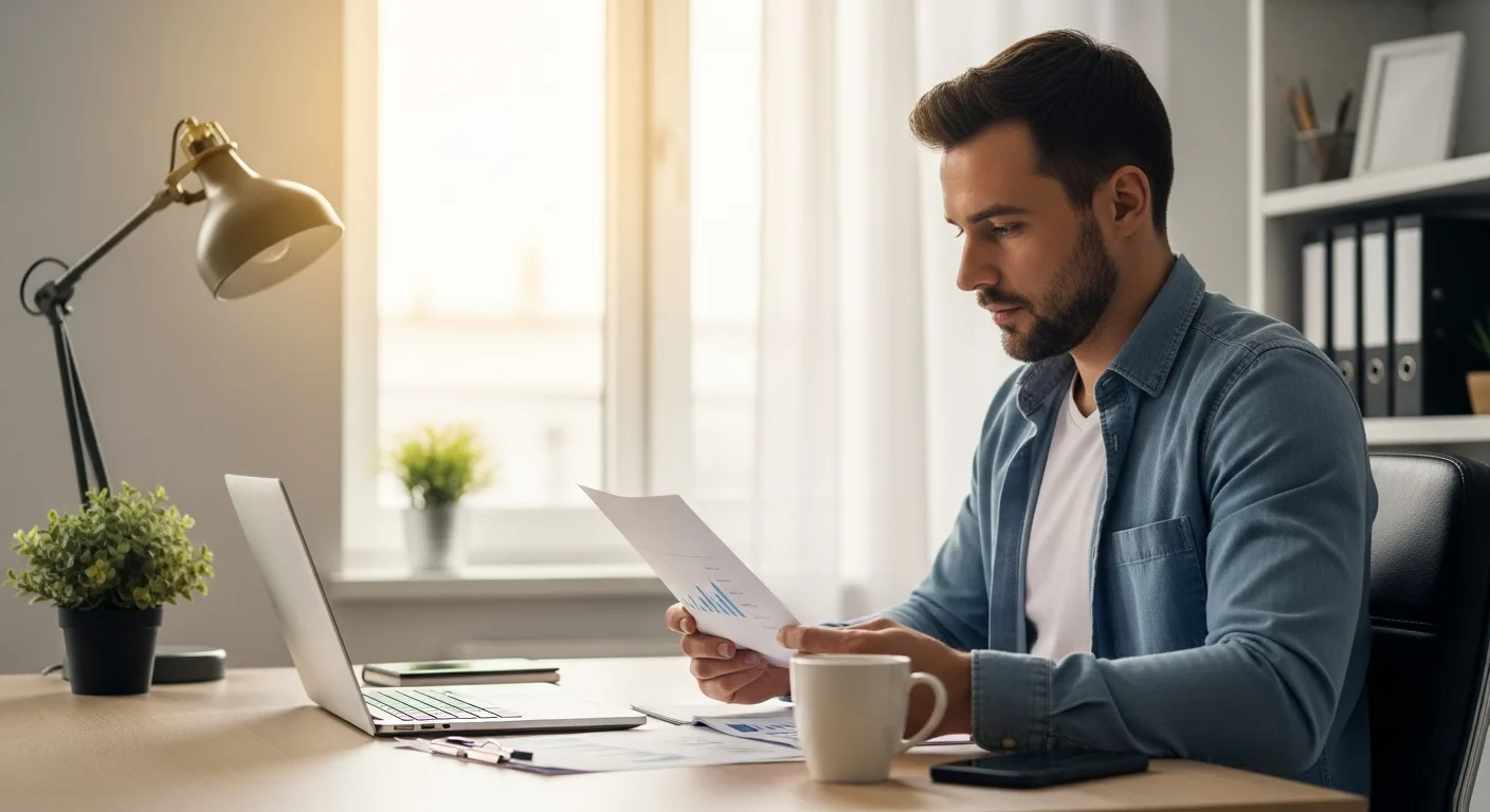 An adult man reviewing financial documents at a startup office desk with a laptop and coffee