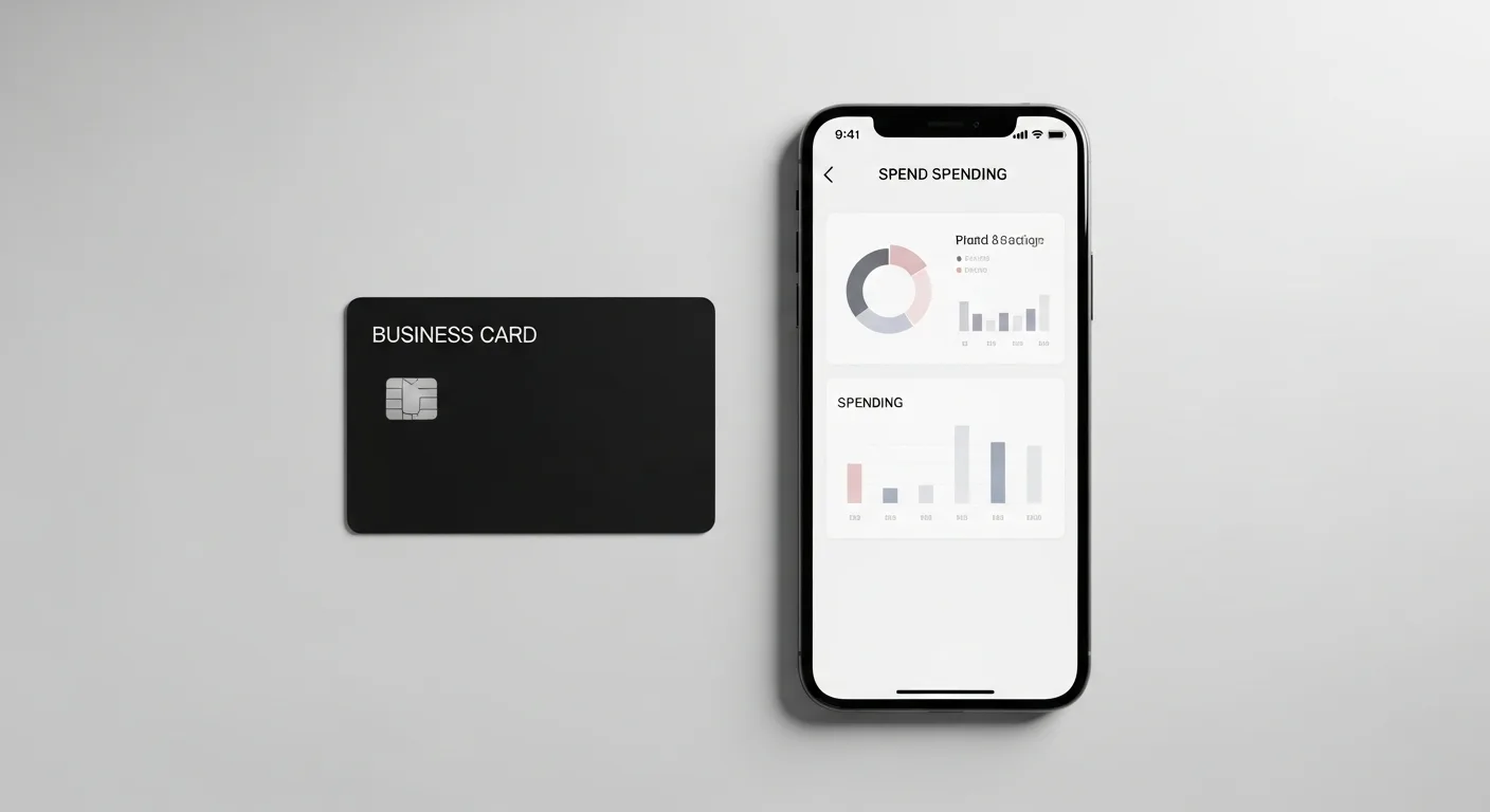 Close-up of a business credit card next to a smartphone displaying a spend-management app dashboard