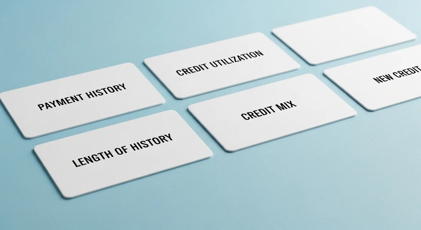Five credit score factors displayed as labeled cards on a clean surface