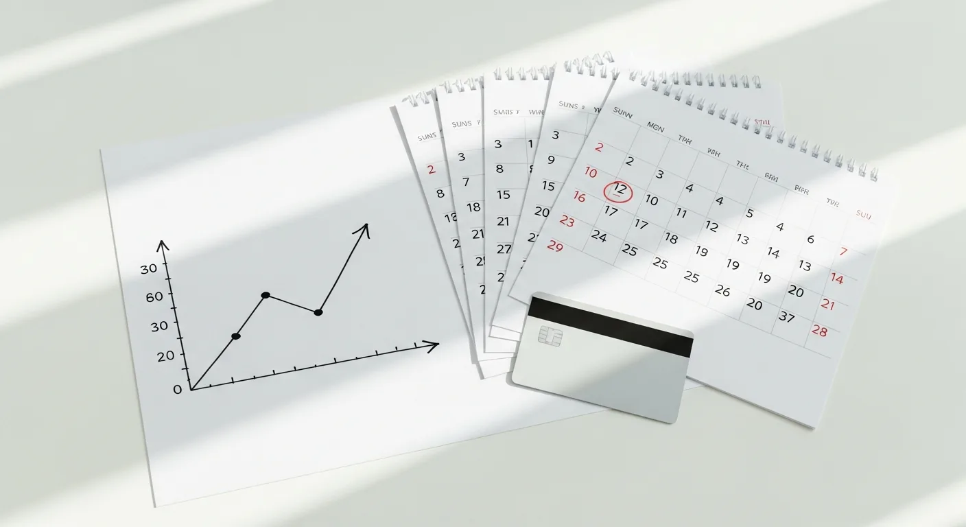Rising credit score graph with calendar pages and a credit card on a white desk
