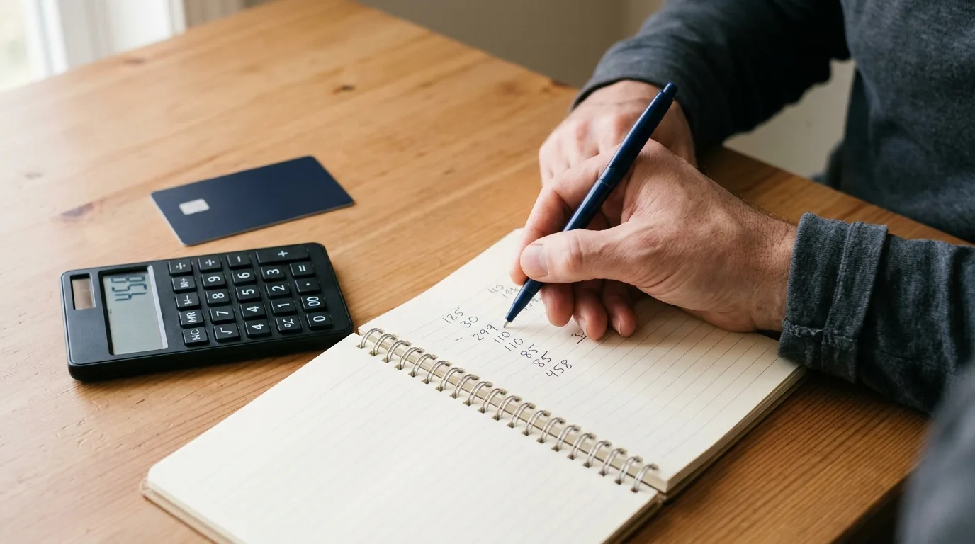 Close-up of a hand writing expense amounts in a notebook next to a calculator and credit card
