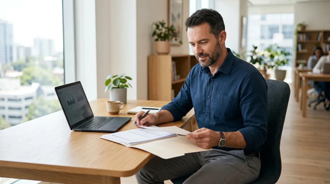 An adult man reviewing paperwork at a desk with a bank folder and laptop, representing opening a nonprofit bank account