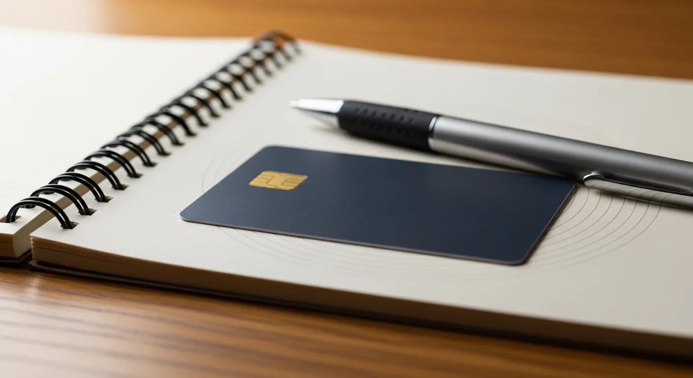 Close-up of a business credit card and a pen resting on an open notebook on a wooden desk