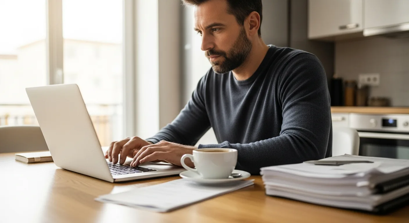 Adult man using a laptop at a kitchen table with financial documents spread around him