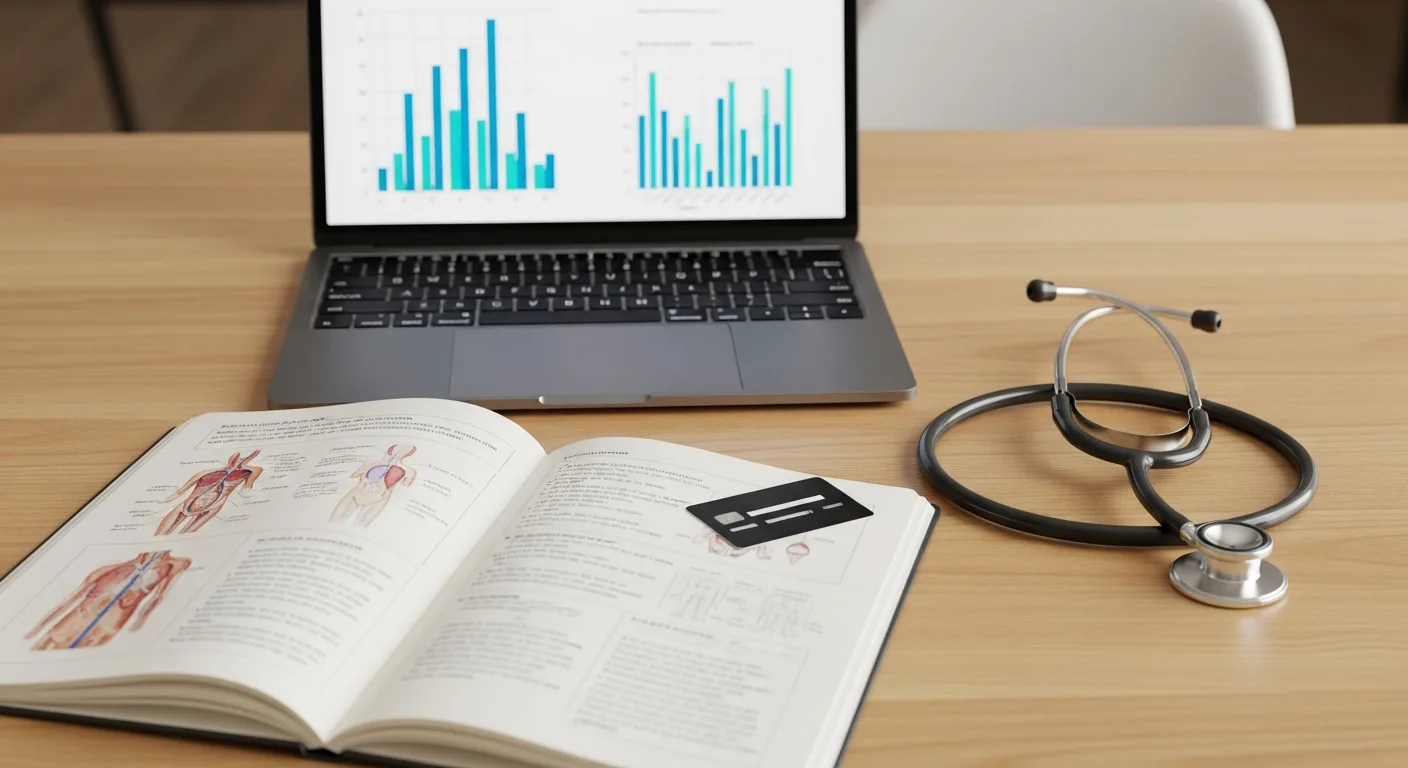 A modern medical office desk with a stethoscope, a laptop showing financial dashboards, and a business credit card beside a notebook