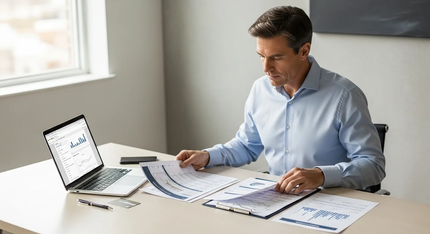 A professional man reviewing paperwork and a credit card statement at a clean office desk