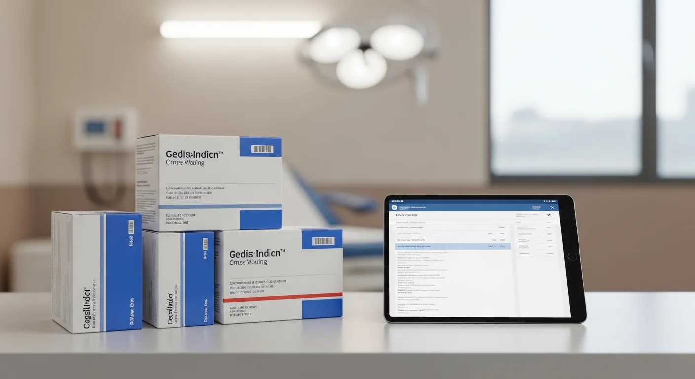 Medical supply boxes and a tablet displaying an invoice on an exam room counter
