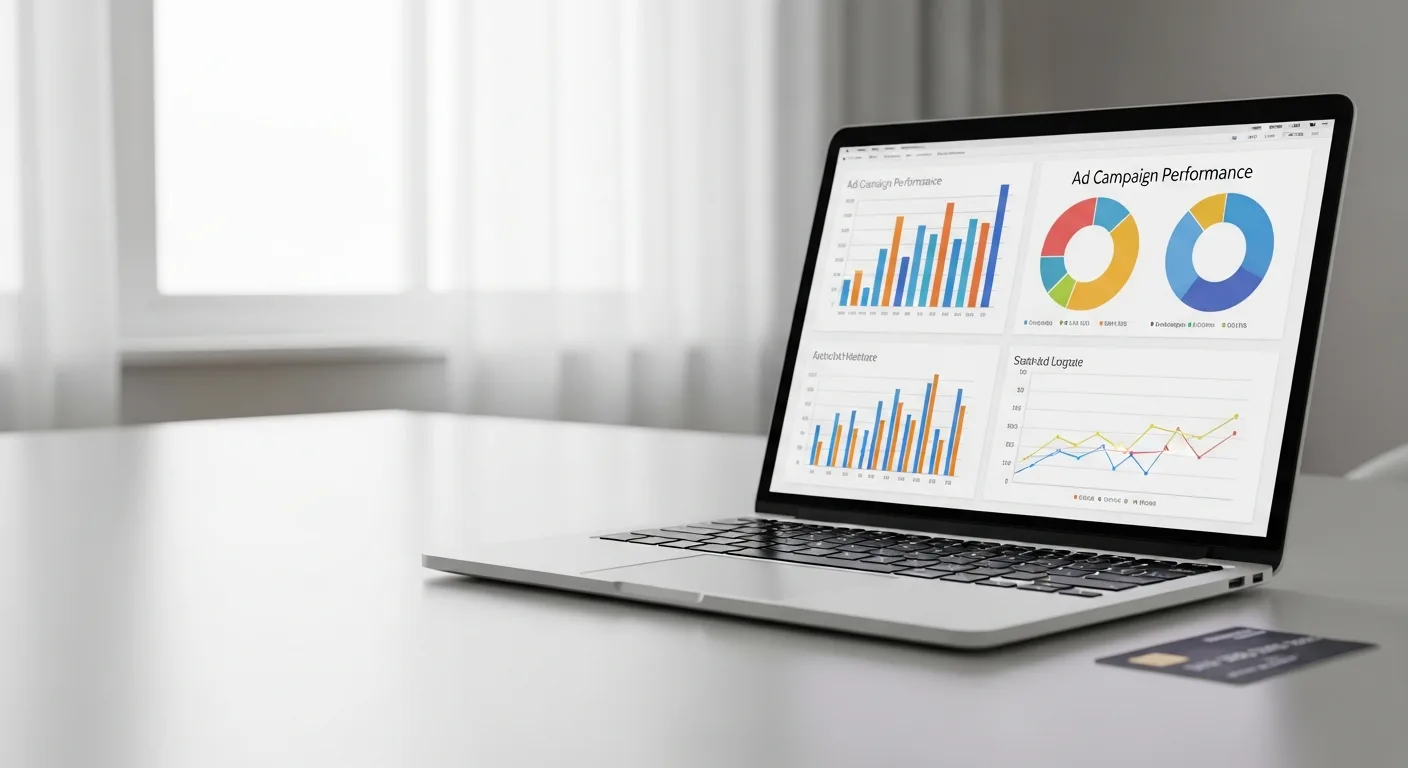 A clean desk with a business credit card, a laptop showing an ad dashboard, and a notepad with ad budget figures