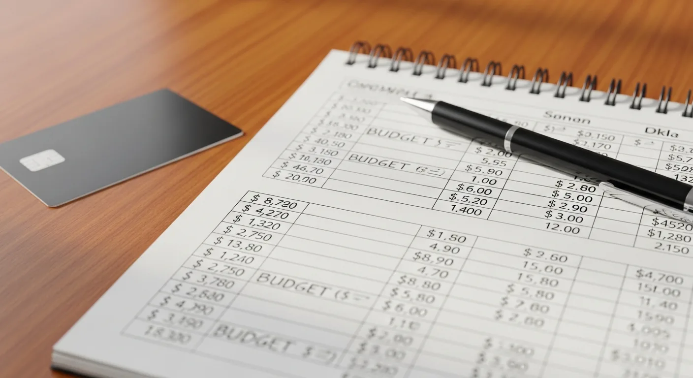 A notepad with ad budget calculations, a pen, and a credit card on a wooden desk