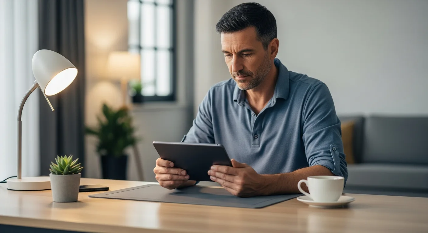 An adult man reviewing business expenses on a tablet at a modern home office desk