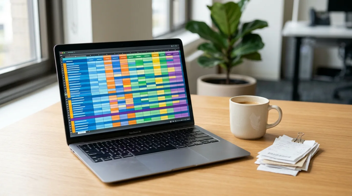 Laptop showing an organized expense spreadsheet with a coffee mug nearby