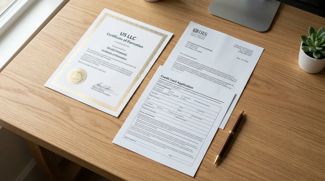 A desk with a US business formation document, an ITIN letter, and a blank credit card application form