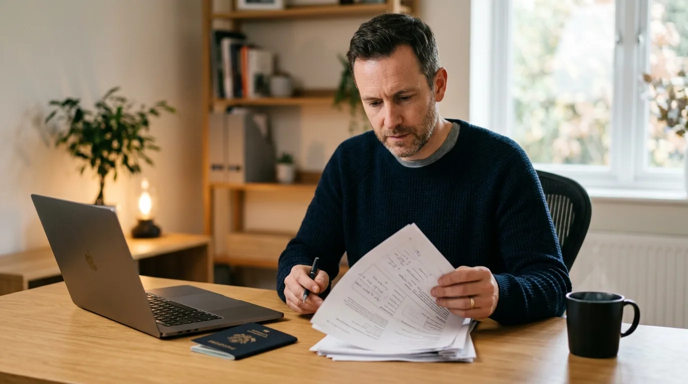 An adult man reviewing business documents at a desk with a laptop and a passport nearby