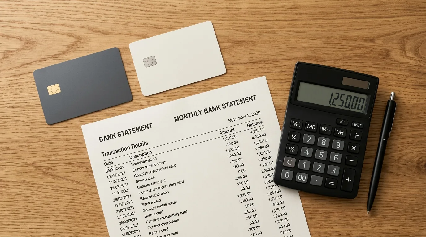 Two blank credit cards on a desk next to a company bank statement and a calculator