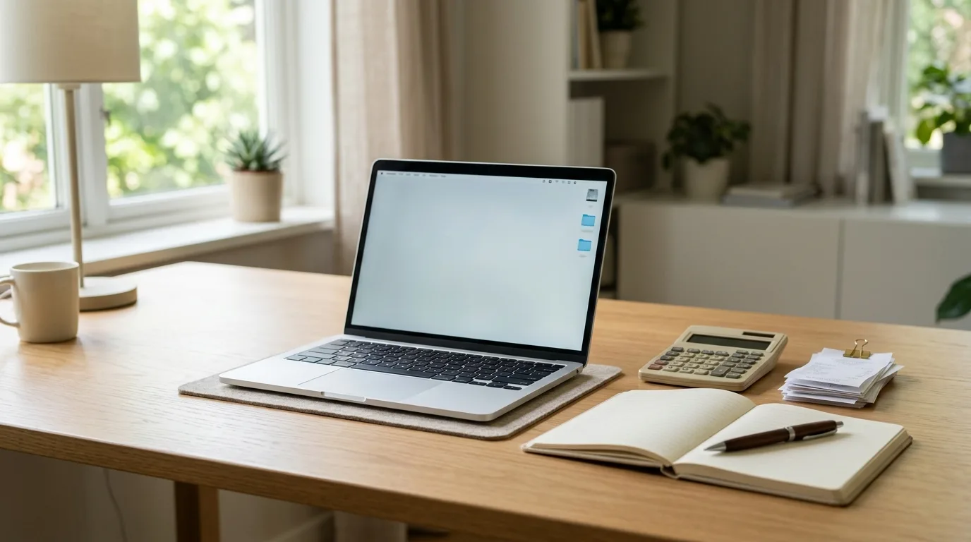 Desk with a laptop, calculator and stacked receipts representing monthly business expenses