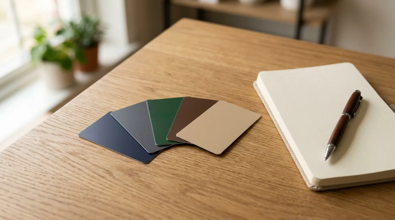 Several credit cards fanned out next to a notebook and pen
