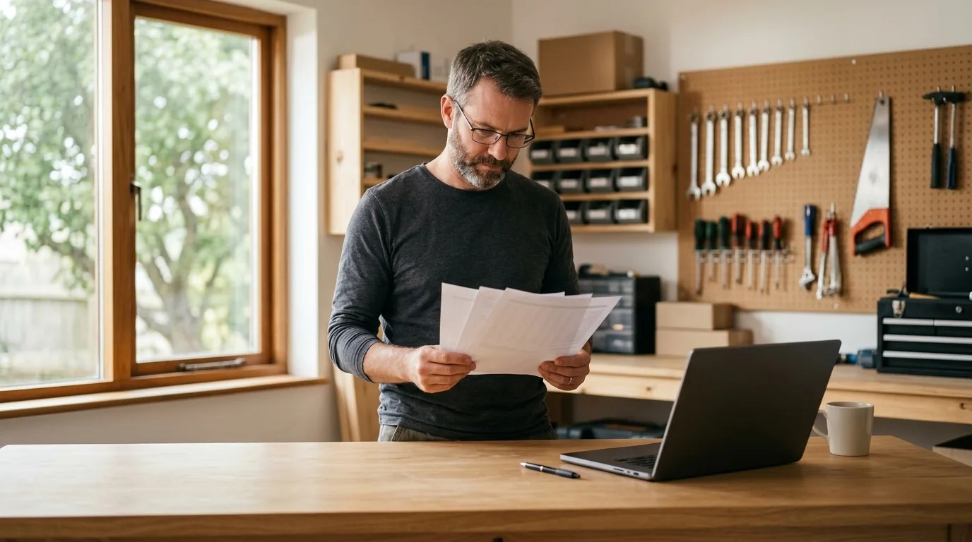 Man reviewing a monthly statement at a workshop counter