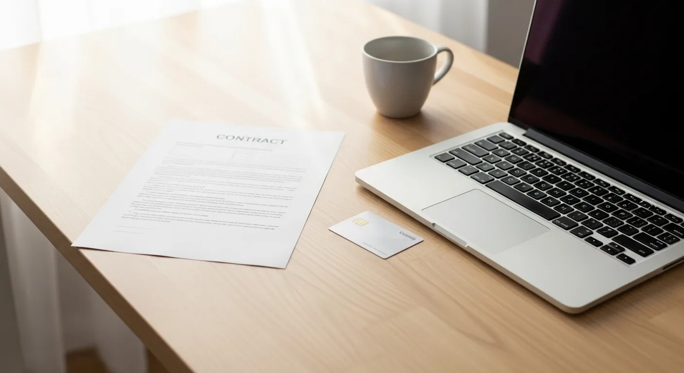 A contractor's desk with a signed contract, a laptop, and a credit card beside a coffee mug