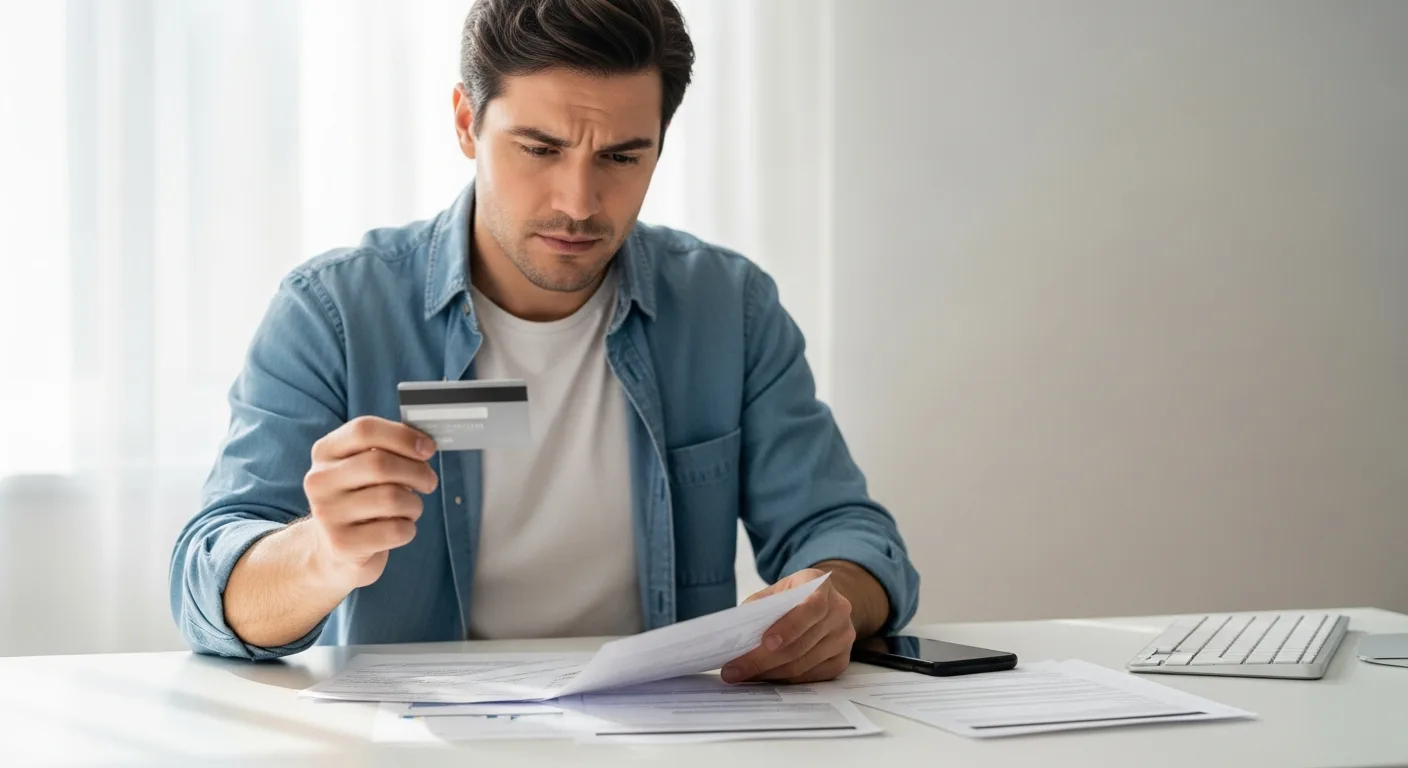 An adult man reviewing business paperwork and a credit card statement at a home office desk