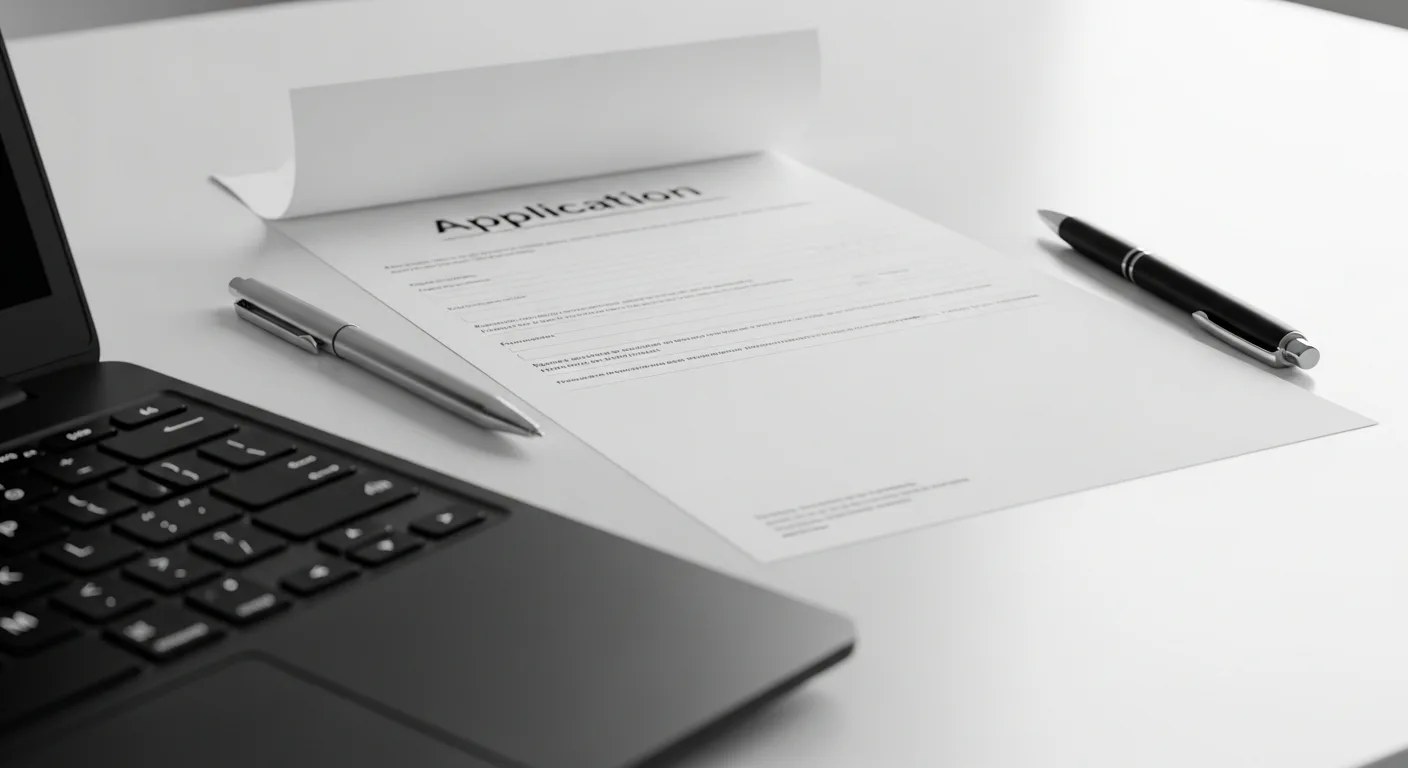 A sole proprietor's business application form beside a pen and a laptop on a clean desk