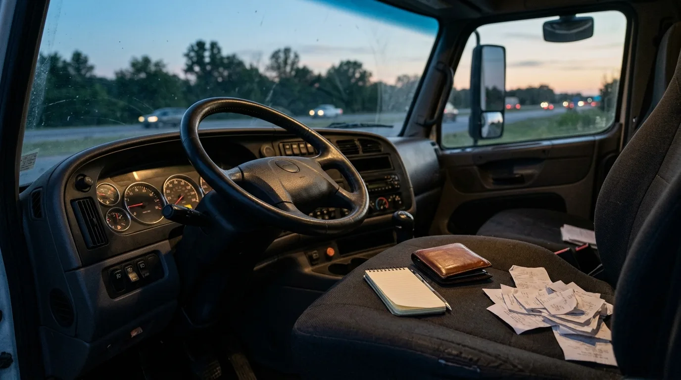 A truck driver's dashboard with a wallet, notepad, and receipts for parking and scale fees