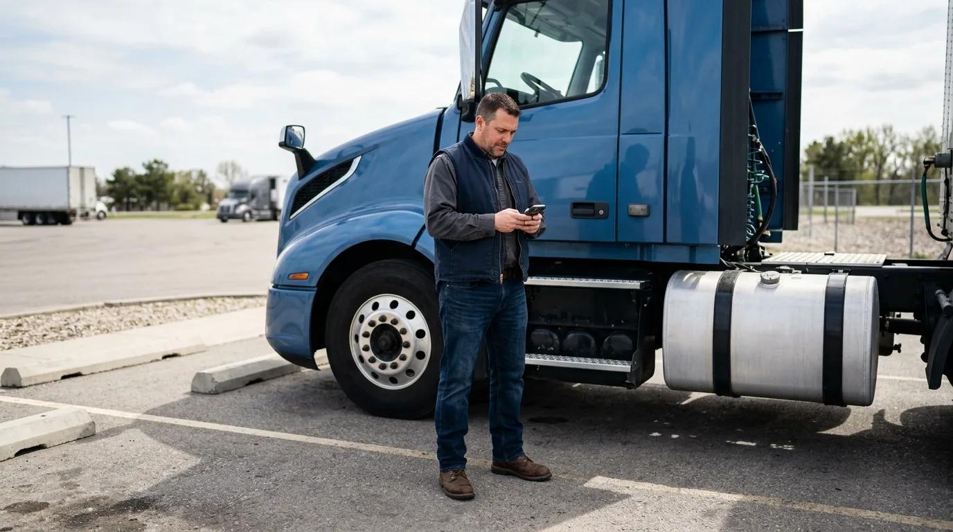 An adult man in work clothes checking his phone in a truck stop parking lot