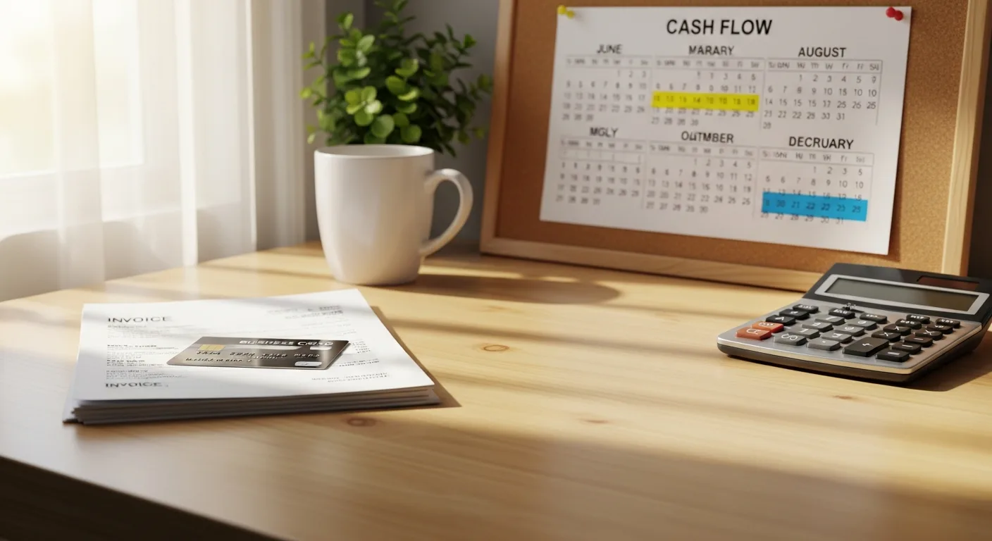 A small business owner's desk with a credit card, seasonal inventory invoices, and a cash flow calendar