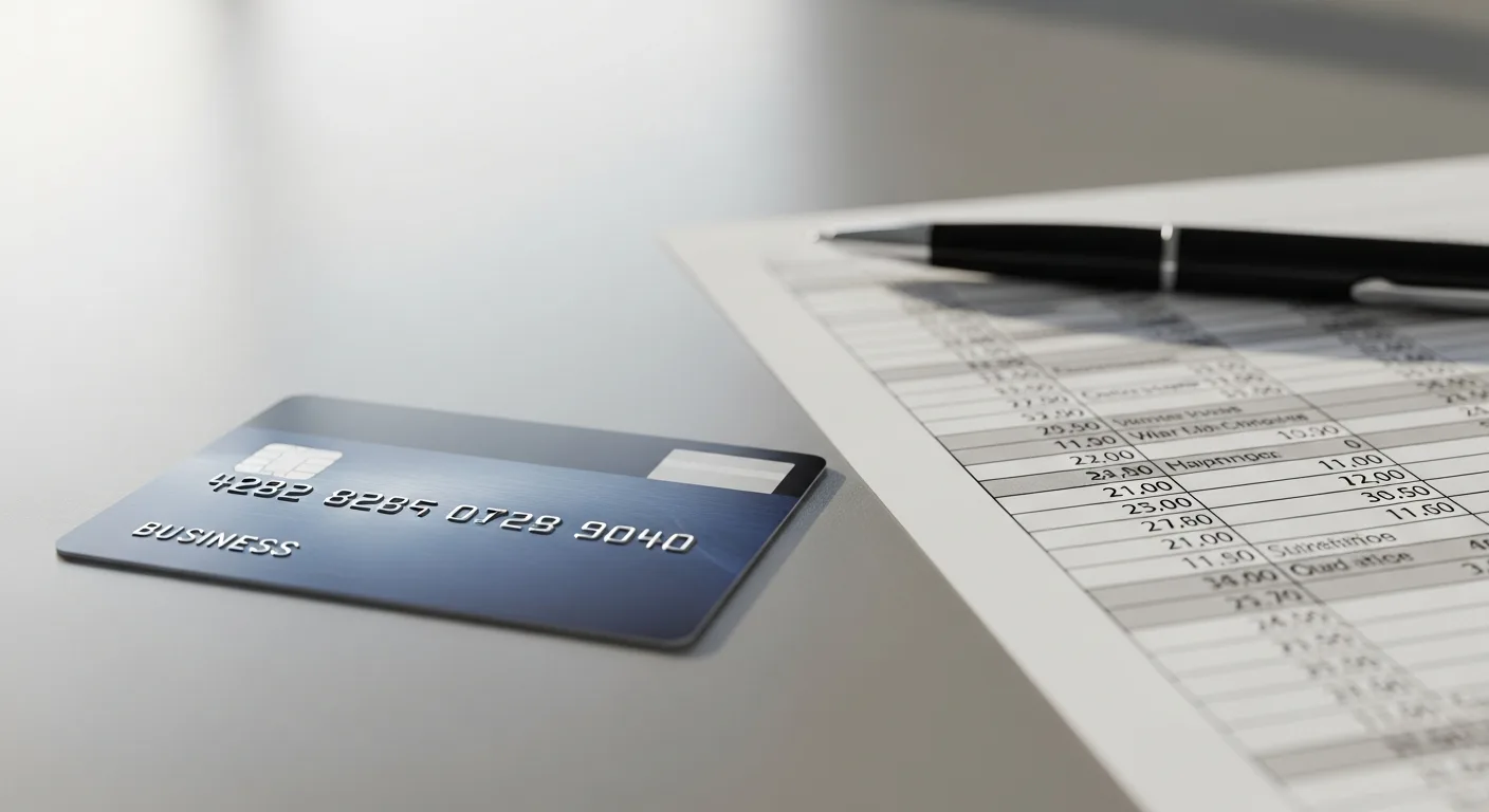Close-up of a business credit card next to a printed spreadsheet tracking off-season expenses
