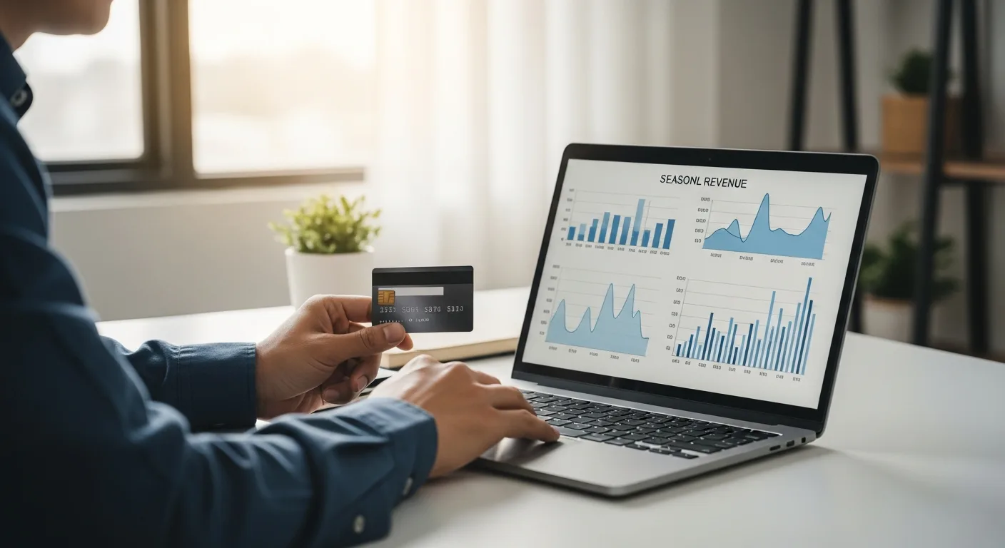 An adult man reviewing business finances on a laptop with seasonal revenue charts on screen