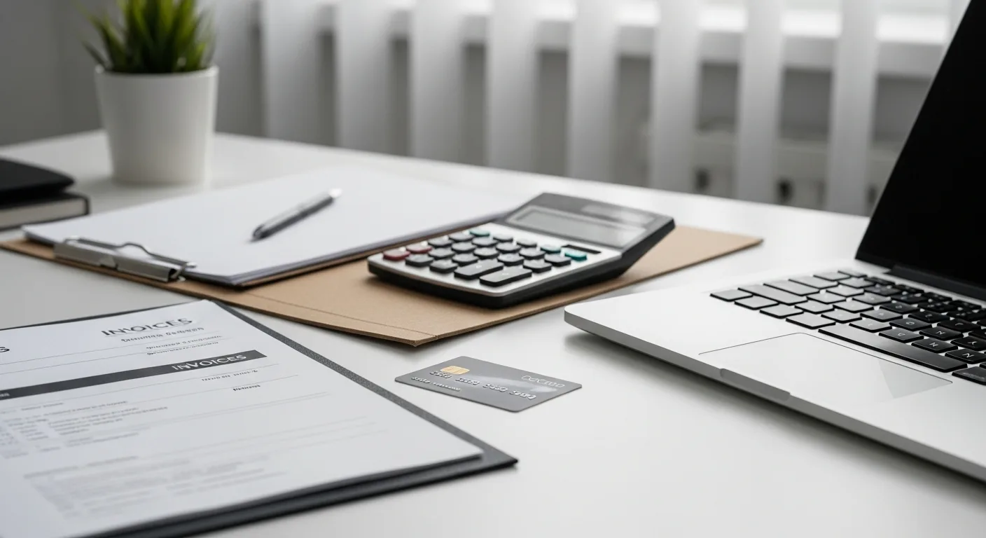 A clean modern desk with a business credit card, a calculator, and a folder of invoices beside a laptop