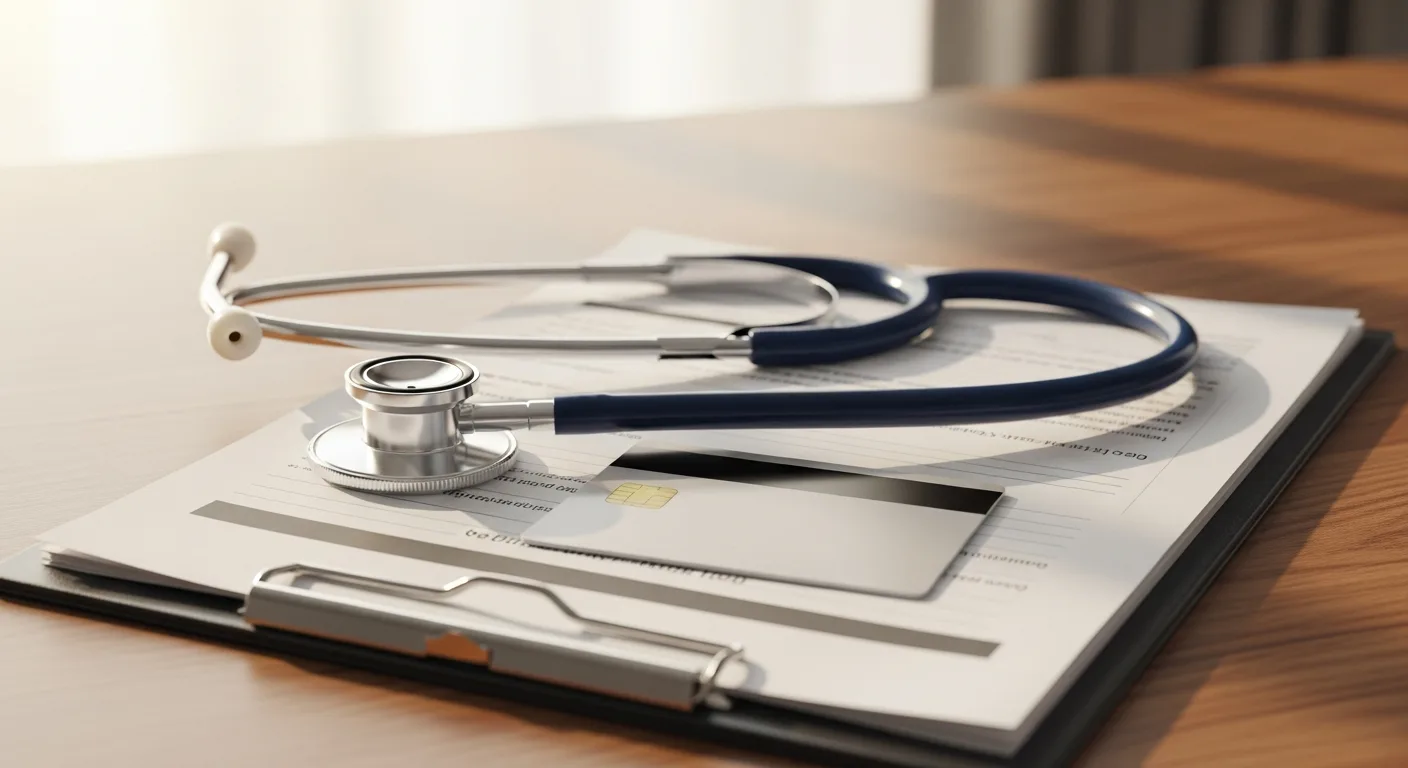 A stethoscope and a business credit card resting on top of a clipboard with financial documents