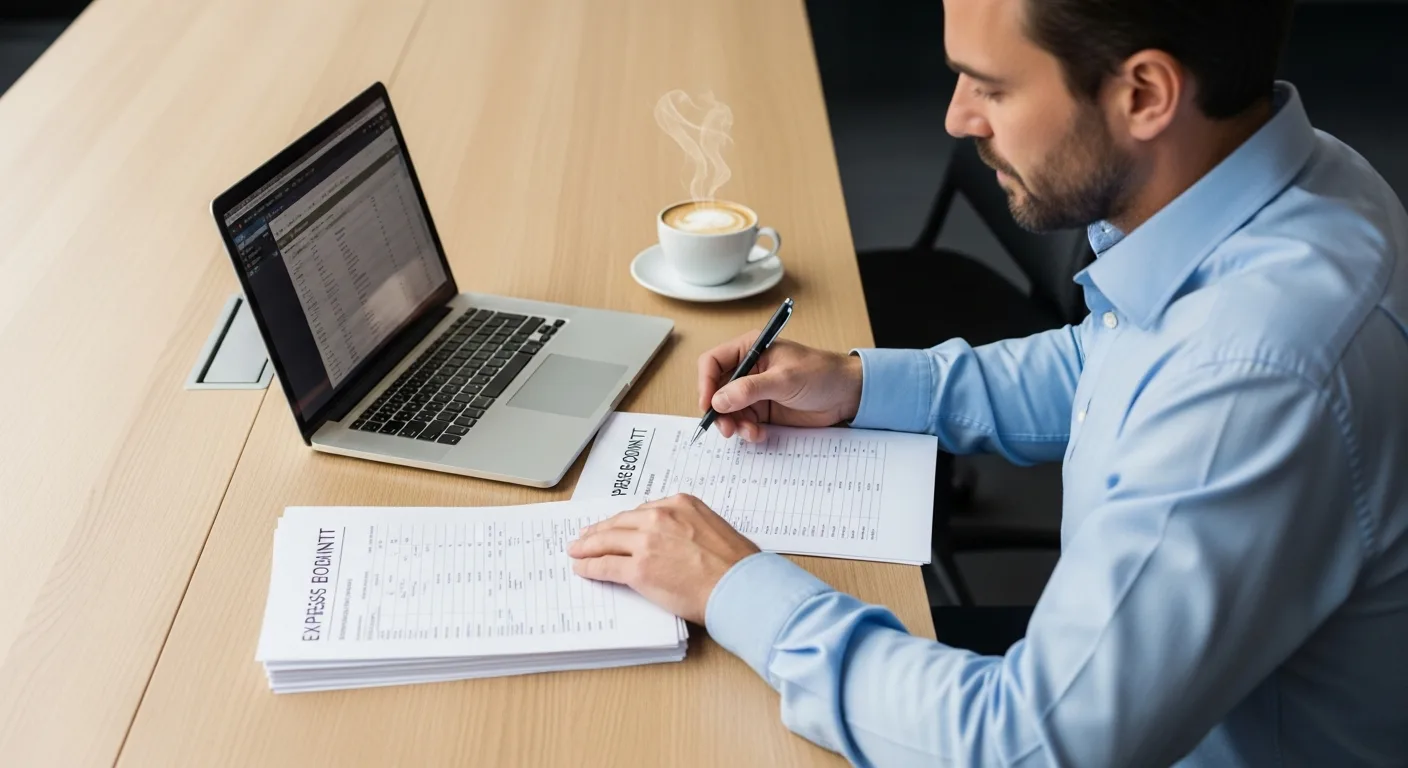 An adult man reviewing expense reports at a desk with a laptop and a cup of coffee