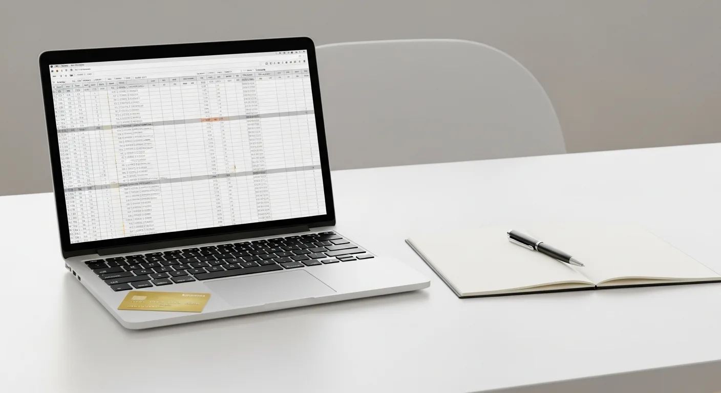 A laptop showing a digital spreadsheet next to a credit card and a pen