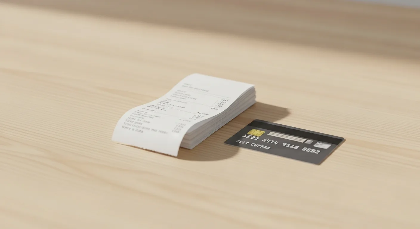A stack of receipts and a credit card on a clean desk surface