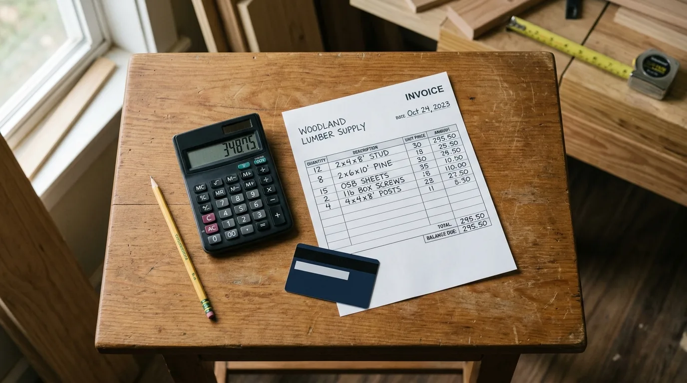 Contractor's desk with a supply invoice, calculator, and a business credit card