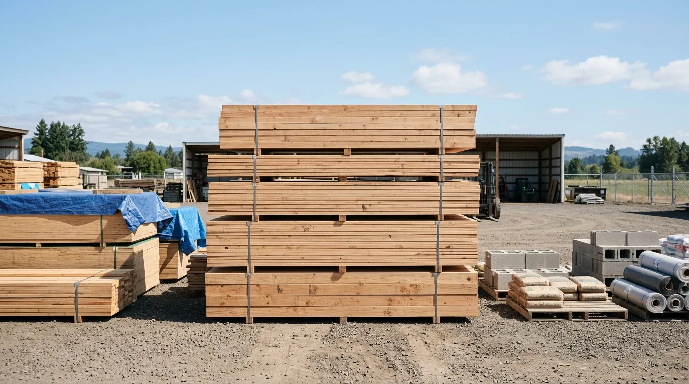 Stack of lumber and building materials in a supply yard